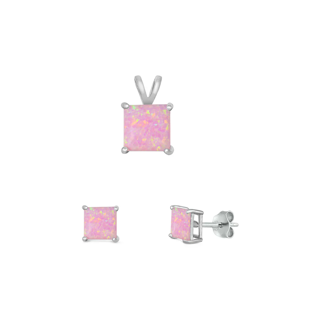 Sterling Silver Rhodium Plated Pink Lab Opal Jewelry Set