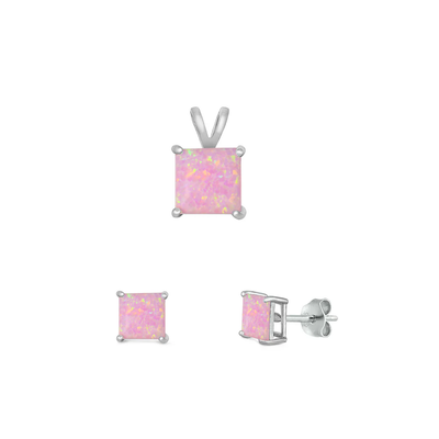 Sterling Silver Rhodium Plated Pink Lab Opal Jewelry Set