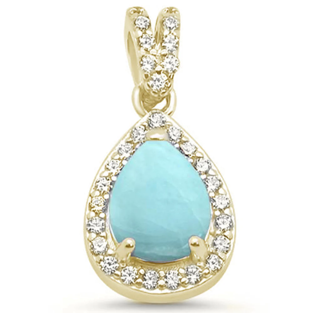 Sterling Silver Yellow Gold Plated Pear Natural Larimar And Clear CZ Pendant