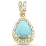 Sterling Silver Yellow Gold Plated Pear Natural Larimar And Clear CZ Pendant