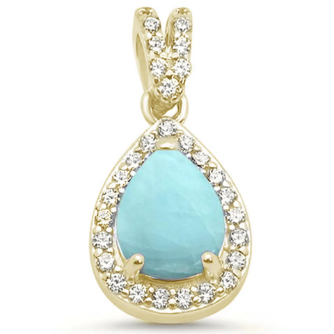 Sterling Silver Yellow Gold Plated Pear Natural Larimar And Clear CZ Pendant