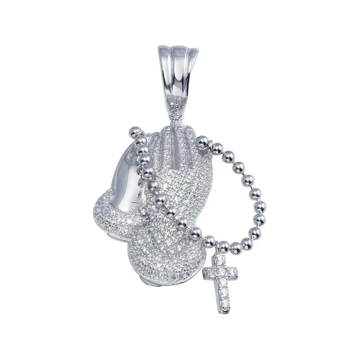 Sterling Silver Rhodium Plated CZ Prayer Hand with Rosary Pendant