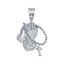 Load image into Gallery viewer, Sterling Silver Rhodium Plated CZ Prayer Hand with Rosary Pendant
