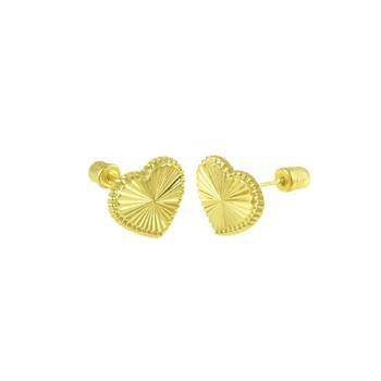 14K Yellow Gold Diamond Cut Heart Crew Back Stud Earrings