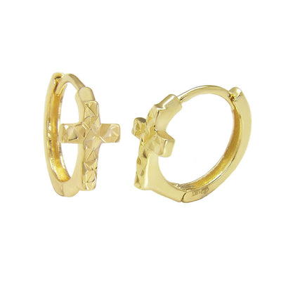 14K Yellow Gold Solid D/C Cross Huggie Hoop Earrings
