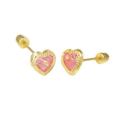 14K Yellow Gold Pink CZ Heart DC Bezel Set Screw Back Stud Earrings