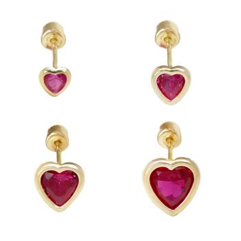 14K Yellow Gold Red CZ Heart Bezel Set Screw Back Stud Earrings