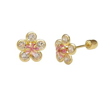 14K Yellow Gold Flower Pink CZ Stud Earrings With Screw Back