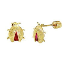 Load image into Gallery viewer, 14K Yellow Gold Lady Bug Ruby CZ Stud Earrings With Screw Back