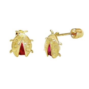 14K Yellow Gold Lady Bug Ruby CZ Stud Earrings With Screw Back