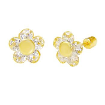 14K Yellow Gold Flower CZ Stud Earrings With Screw Back