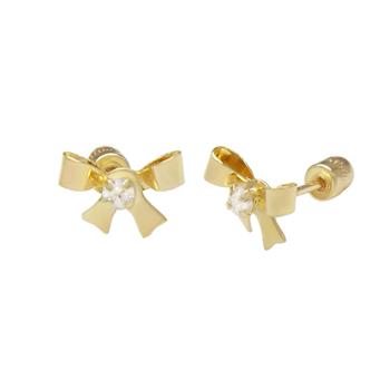 14K Yellow Gold Bow CZ Stud Earrings With Screw Back