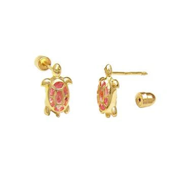 14K Yellow Gold Pink CZ Turtle Screw Back Stud Earrings