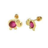 14K Gold Elephant Red CZ With Screw Back Stud Earrings