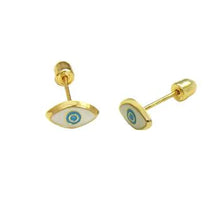 Load image into Gallery viewer, 14K Yellow Gold Light Blue Evil Eye with Screw Back Stud Earrings