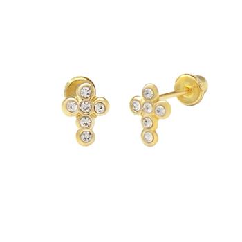 14K Yellow Gold Small Cross CZ Stud Earrings With Screw Back