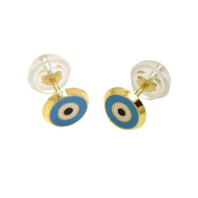 14K Yellow Gold Enamel Baby Blue Evil Eye Stud Earrings With Silicone Backing