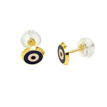 14K Yellow Gold Black Evil Eye Stud Earrings With Silicone Backing