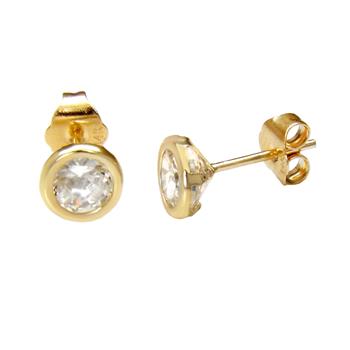 14K Yellow Gold Round CZ Bezel Set Stud Earrings With Push Back