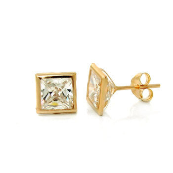 14K Yellow Gold Square CZ Bezel Set Butterfly Backing Stud Earrings
