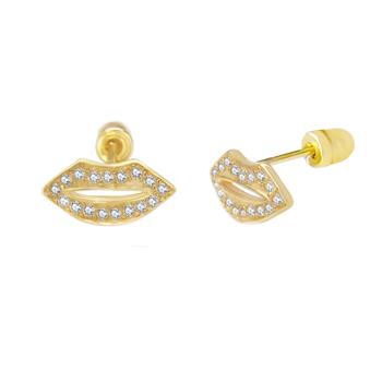 14K Yellow Gold Lip CZ Stud Earrings With Screw Back