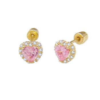 14K Yellow Gold Halo Pink And Clear CZ Heart Stud Earrings With Screw Back