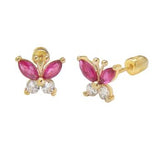 14K Yellow Gold Butterfly Ruby And White CZ Stud Earrings With Screw Back