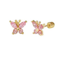 14K Yellow Gold Butterfly Pink CZ Stud Earrings With Screw Back