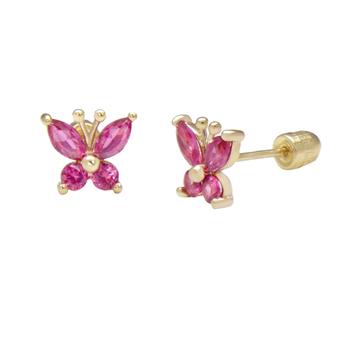 14K Yellow Gold Butterfly Ruby CZ Stud Earrings With Screw Back
