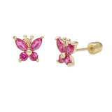 14K Yellow Gold Butterfly Ruby CZ Stud Earrings With Screw Back