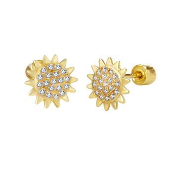 14K Yellow Gold Sunflower CZ Stud Earrings With Screw Back