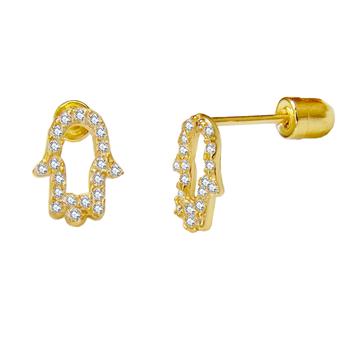 14K Yellow Gold Hamsa Hand CZ Stud Earrings With Screw Back