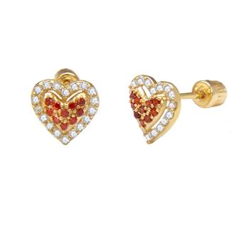 14K Yellow Gold Heart Red And White CZ Stud Earrings With Screw Back