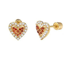 14K Yellow Gold Heart Red And White CZ Stud Earrings With Screw Back