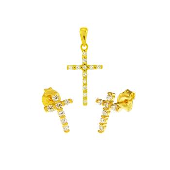 Sterling Silver Gold Plated CZ Cross Earrings And Pendant Set