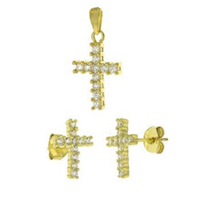 Load image into Gallery viewer, Sterling Silver Gold Plated Cross Cubic Zirconia Earrings And Pendant Set