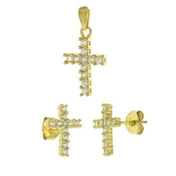 Sterling Silver Gold Plated Cross Cubic Zirconia Earrings And Pendant Set