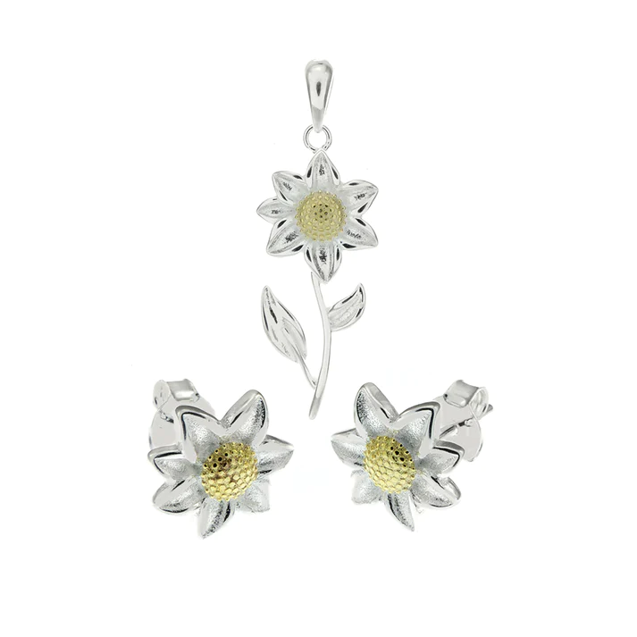 Sterling Silver Sunflower Earrings And Pendant Set