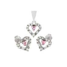 Load image into Gallery viewer, Sterling Silver Small Pink And Clear CZ Heart Earrings And Pendant Set