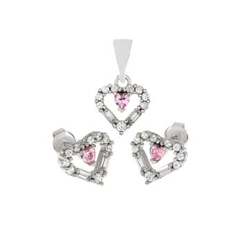 Sterling Silver Small Pink And Clear CZ Heart Earrings And Pendant Set