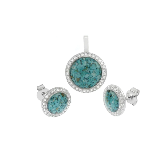 Sterling Silver Round Turquoise With CZ Earrings And Pendant Set