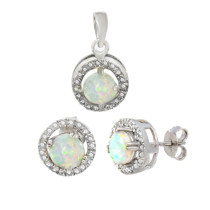 Sterling Silver Round White Lab Opal CZ Halo Earrings Jacket And Pendant Set