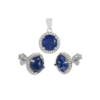 Sterling Silver Blue Sapphire Halo CZ Earrings Pendant Set