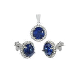 Sterling Silver Blue Sapphire Halo CZ Earrings Pendant Set