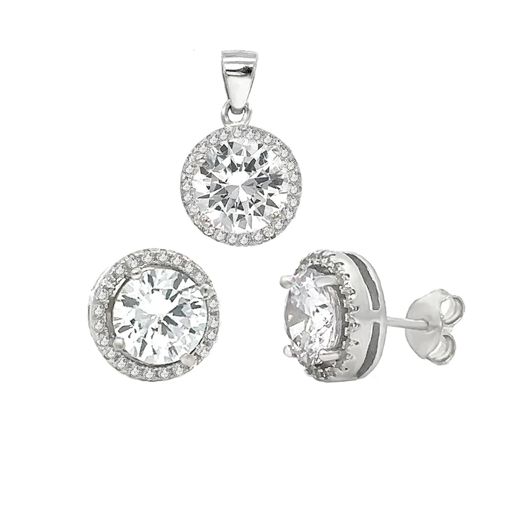 Sterling Silver Round CZ Halo Earrings And Pendant Set