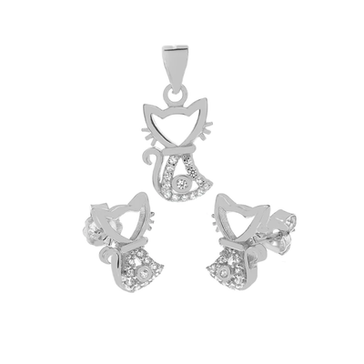 Sterling Silver Cubic Zirconia Cat Pendant Set