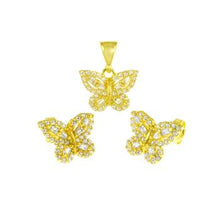 Load image into Gallery viewer, Sterling Silver Gold Plated Butterfly CZ Earrings And Pendant Set