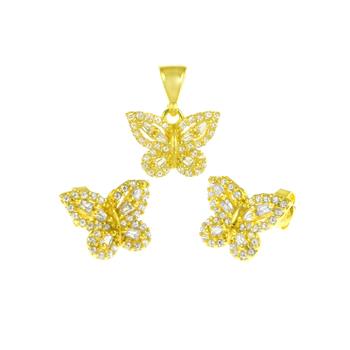 Sterling Silver Gold Plated Butterfly CZ Earrings And Pendant Set