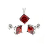 Sterling Silver Garnet CZ Princess Earrings and Pendant Set