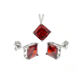 Sterling Silver Garnet CZ Princess Earrings and Pendant Set